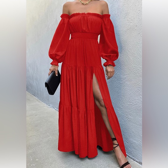 Off Shoulder Long Sleeve Smocked High Waist Side Split Flowy Long Maxi Dress - Picture 1 of 4